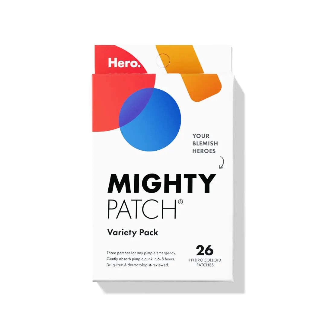 Mighty Patch front packaging showing 26-count variety pack and quick benefits