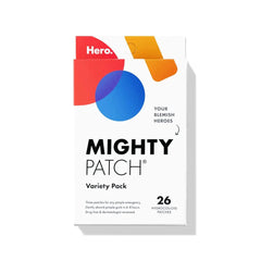 Mighty Patch front packaging showing 26-count variety pack and quick benefits