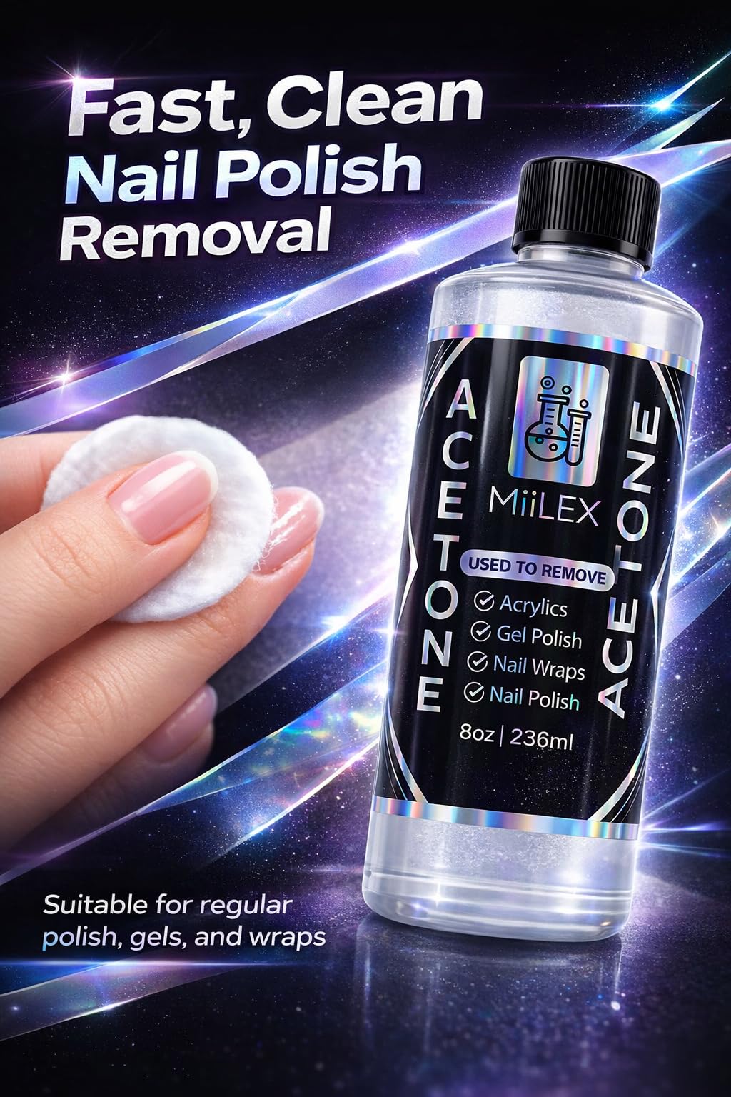 Miilex close-up label shot highlighting 100% pure acetone strength and clarity