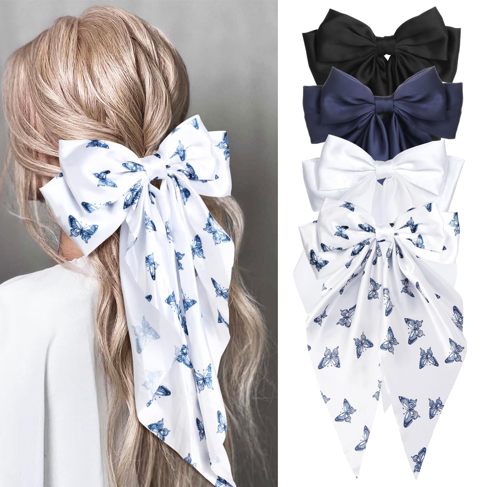MIKONIKO flat lay of four satin bows showing color options and styling