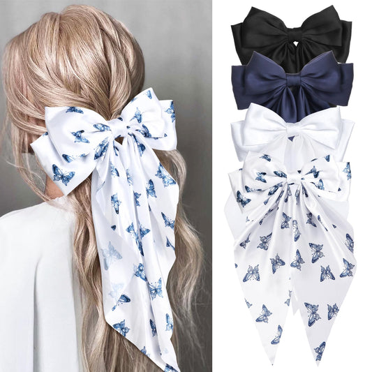 MIKONIKO flat lay of four satin bows showing color options and styling