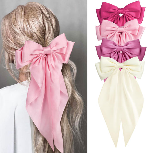 MIKONIKO front view of four satin bow clips showing colors and packaging, adds instant style