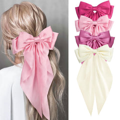 MIKONIKO front view of four satin bow clips showing colors and packaging, adds instant style