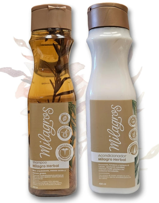 Milagros front packaging showing shampoo and conditioner, communicates natural care