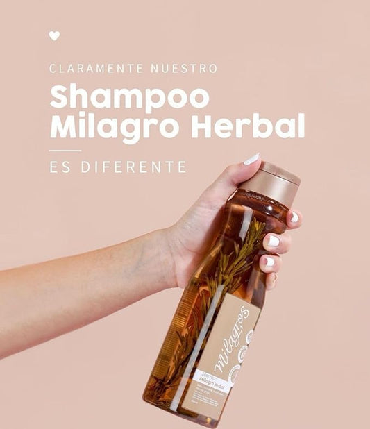 Milagros shampoo close-up with rosemary and ginger pieces, highlights botanical exfoliation