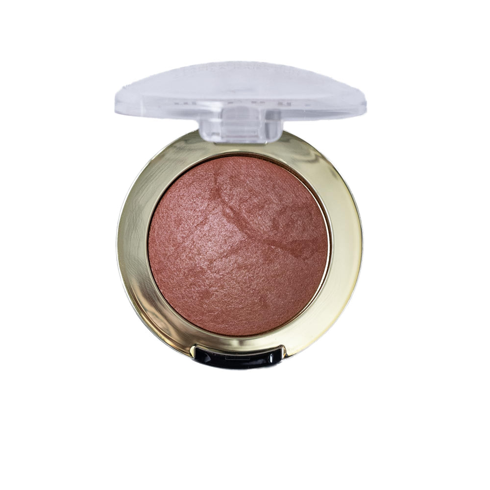 Milani baked blush pan close-up showing marbled surface and even pigment benefit: visible texture