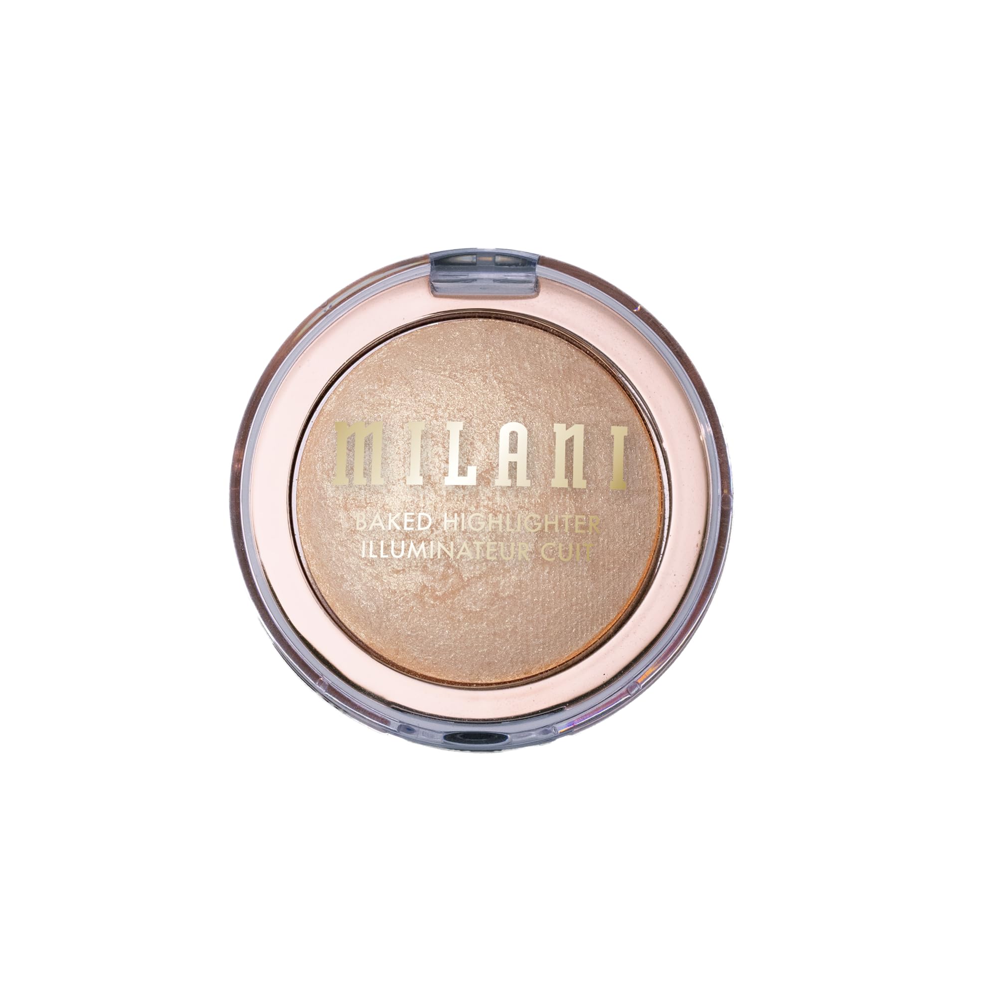Milani baked highlighter packaging label closeup highlighting Italian-made and talc-free benefits