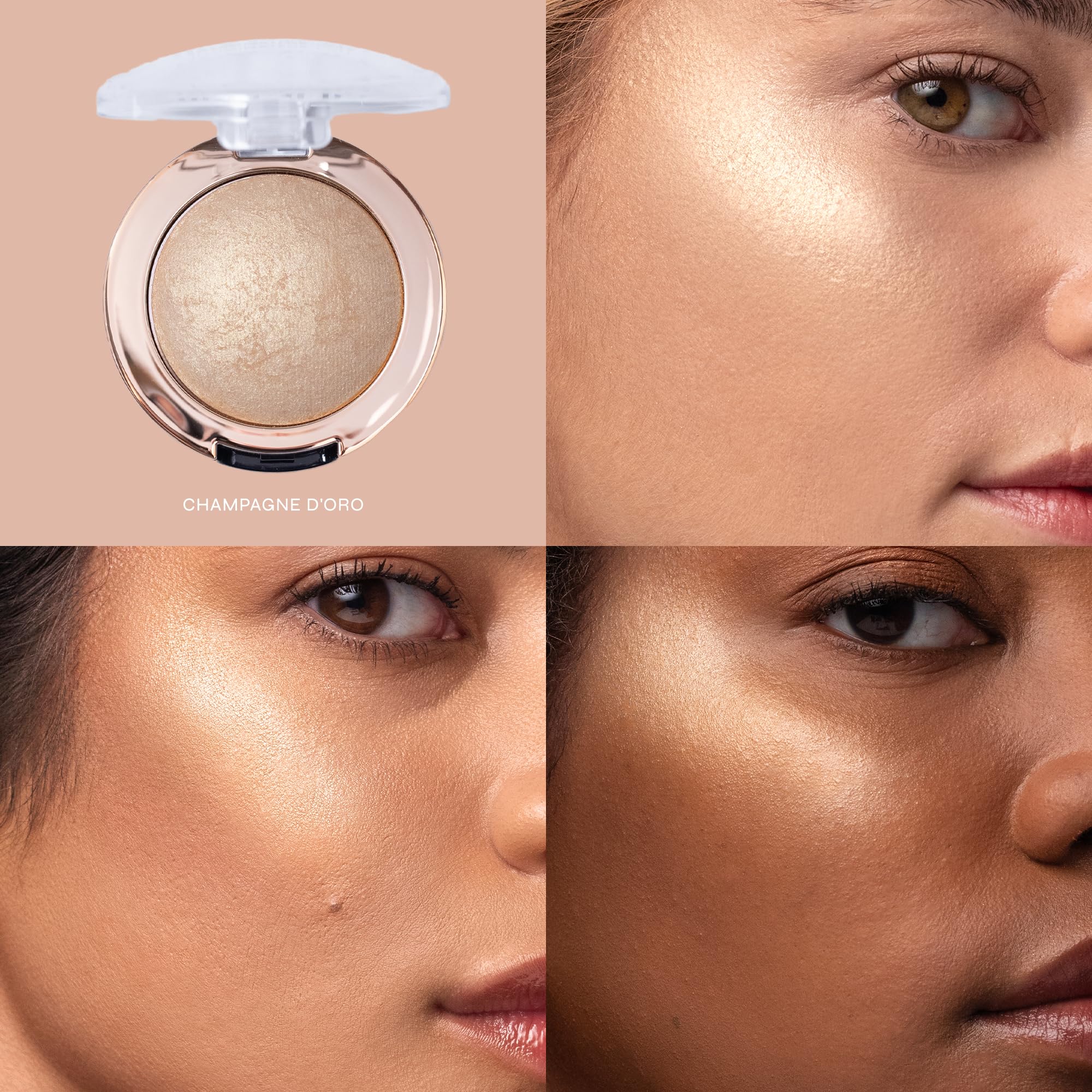 Milani baked highlighter texture close-up showing fine swirled surface for smooth application