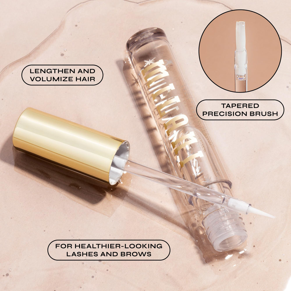Milani before and after concept illustrating fuller-looking lashes and brows