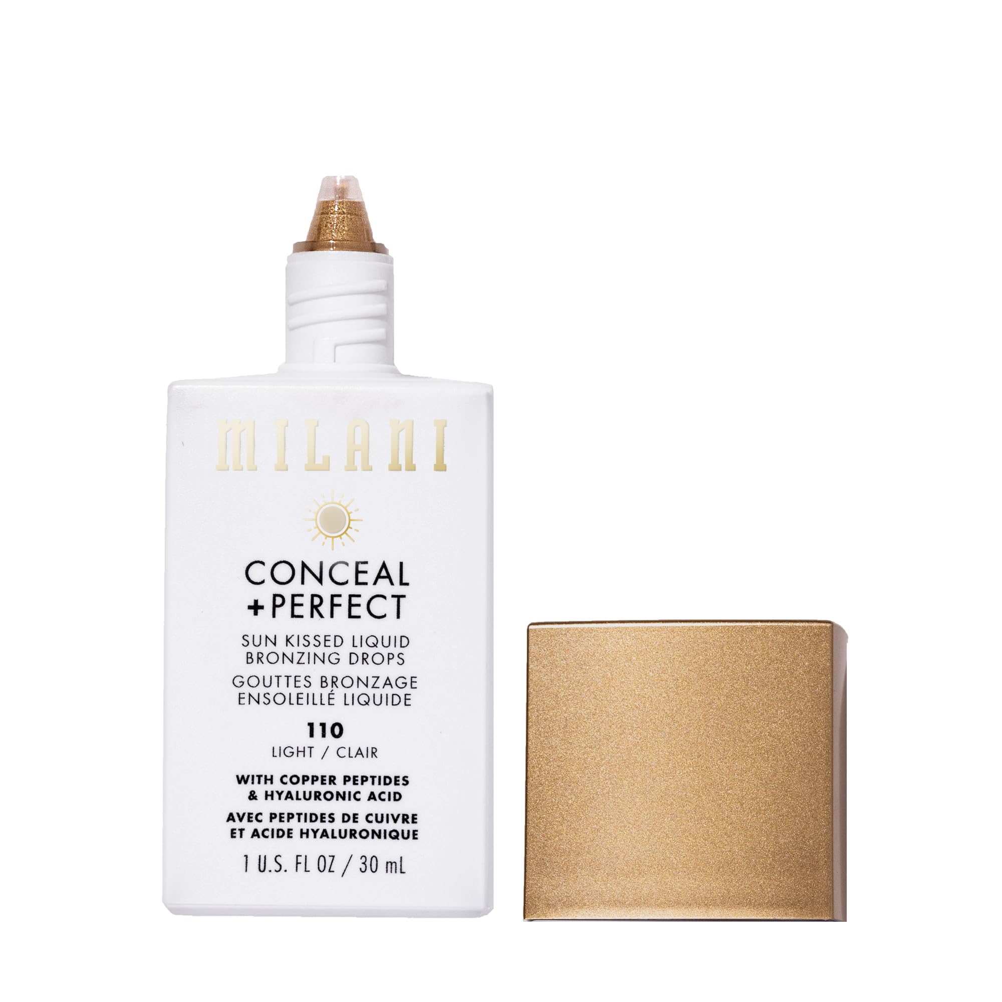 Milani dropper releasing a drop of bronzer for precise, mess-free application benefit