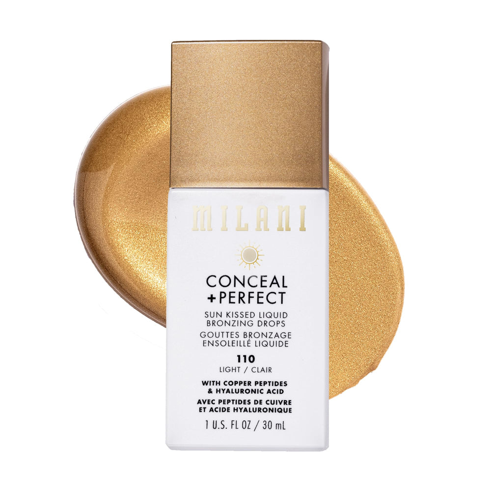 Milani front packaging of bronzing drops showing product name and shade benefits