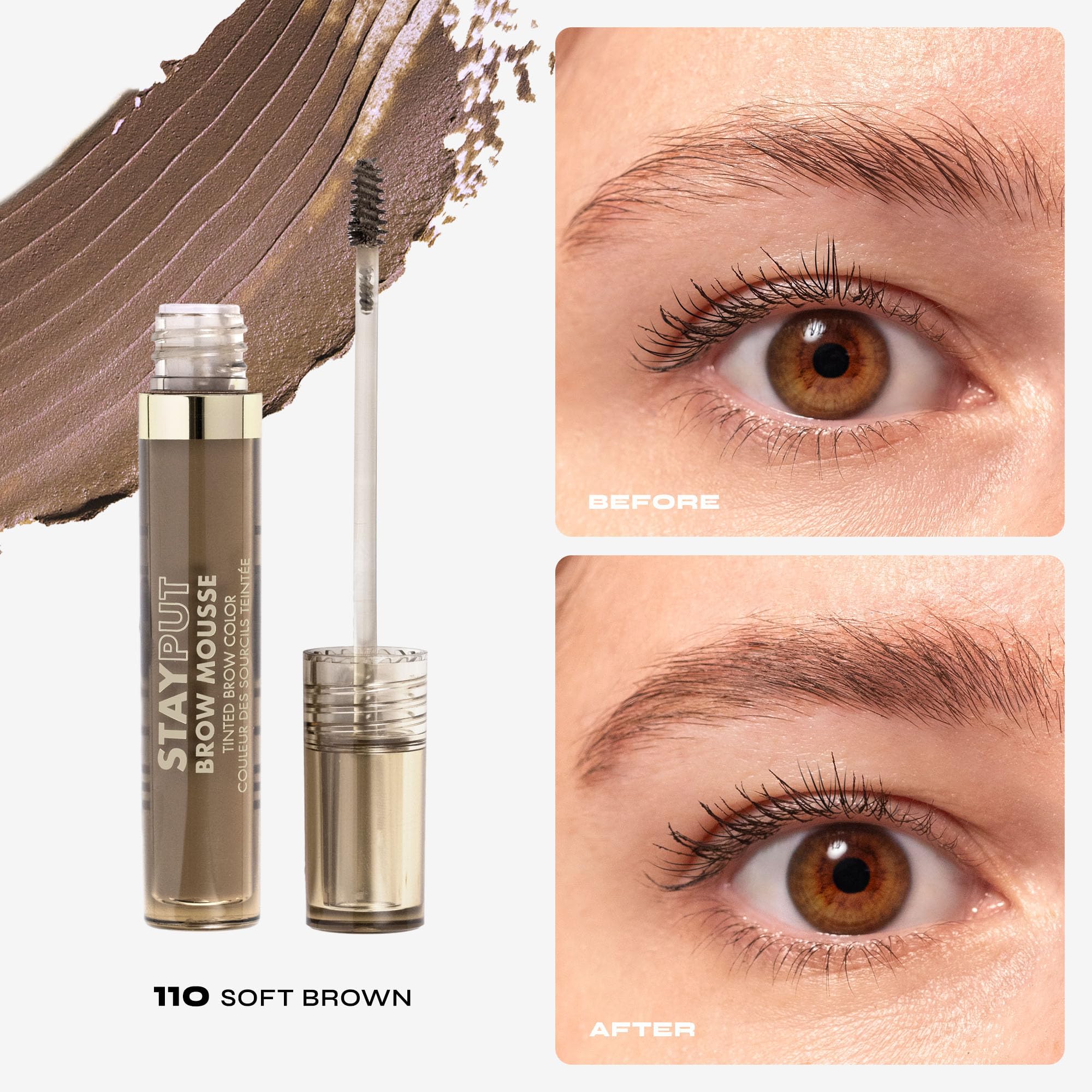 Milani Brow Mousse before and after comparison showing fuller brows and smudge-resistant benefit