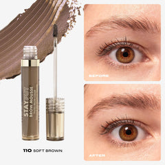 Milani Brow Mousse before and after comparison showing fuller brows and smudge-resistant benefit