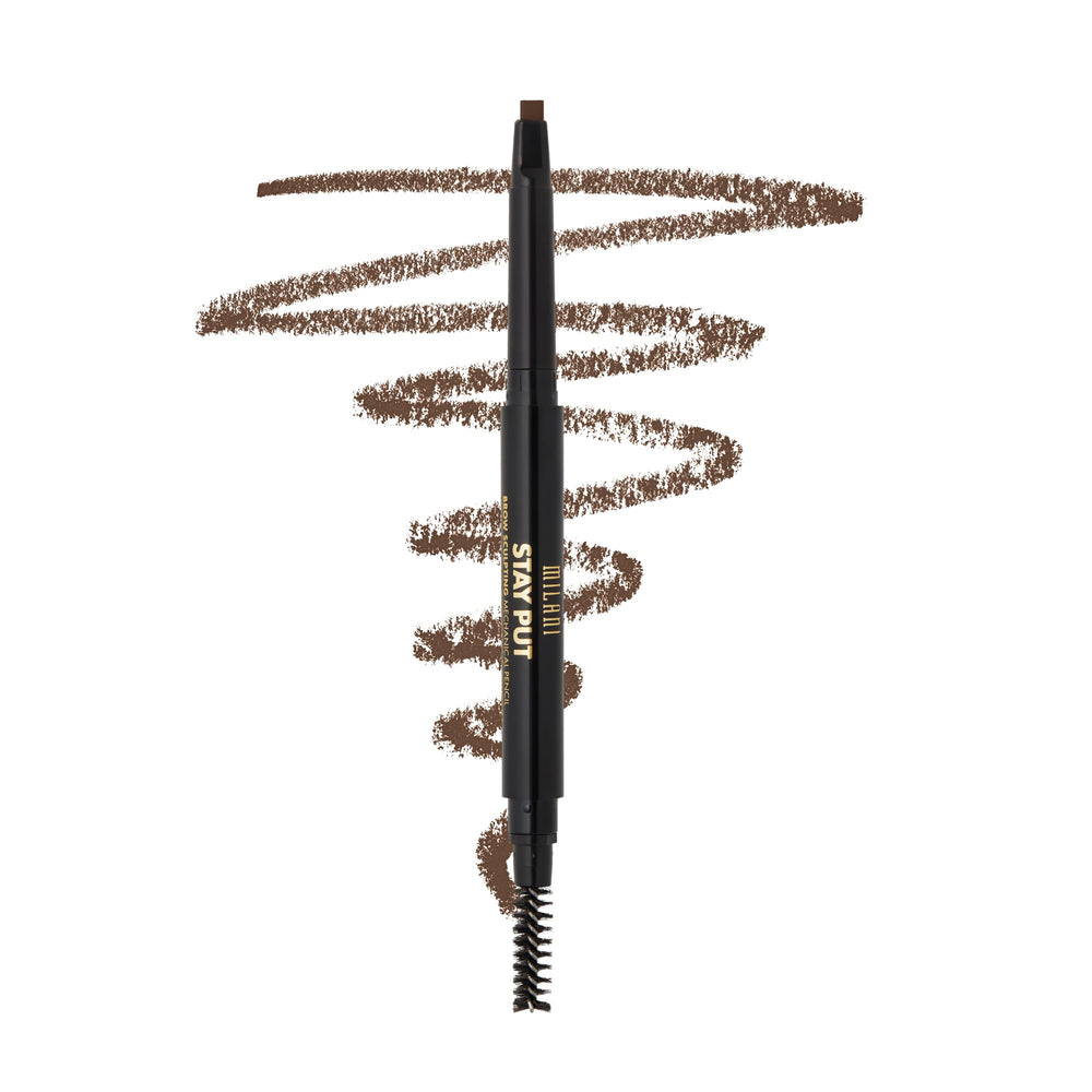 Milani brow pencil front view showing slim design and shade, precise shaping benefit