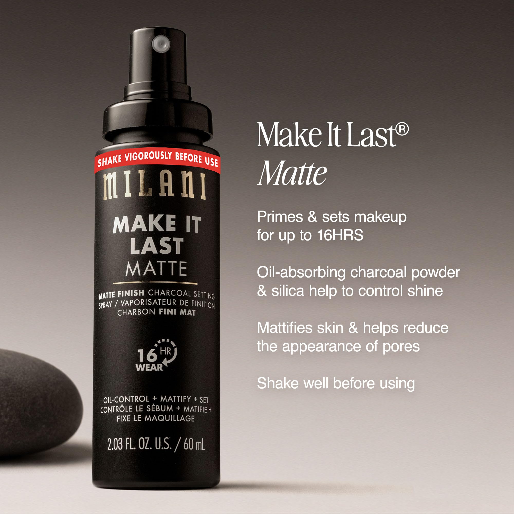 Milani charcoal particles detail illustrating oil-absorbing benefit