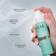Milani model spraying face illustrates quick soothing relief