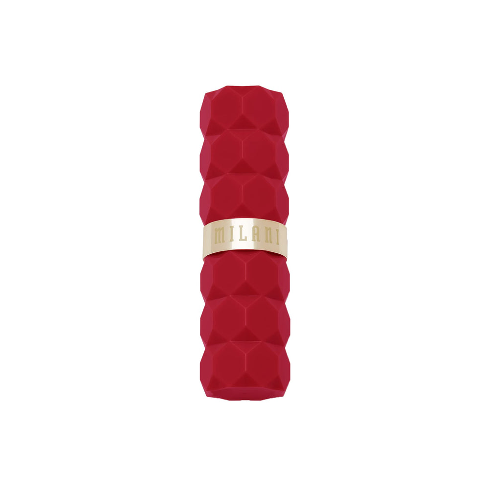 Milani Color Fetish in evening makeup scene, bold poppy shade enhances glamour