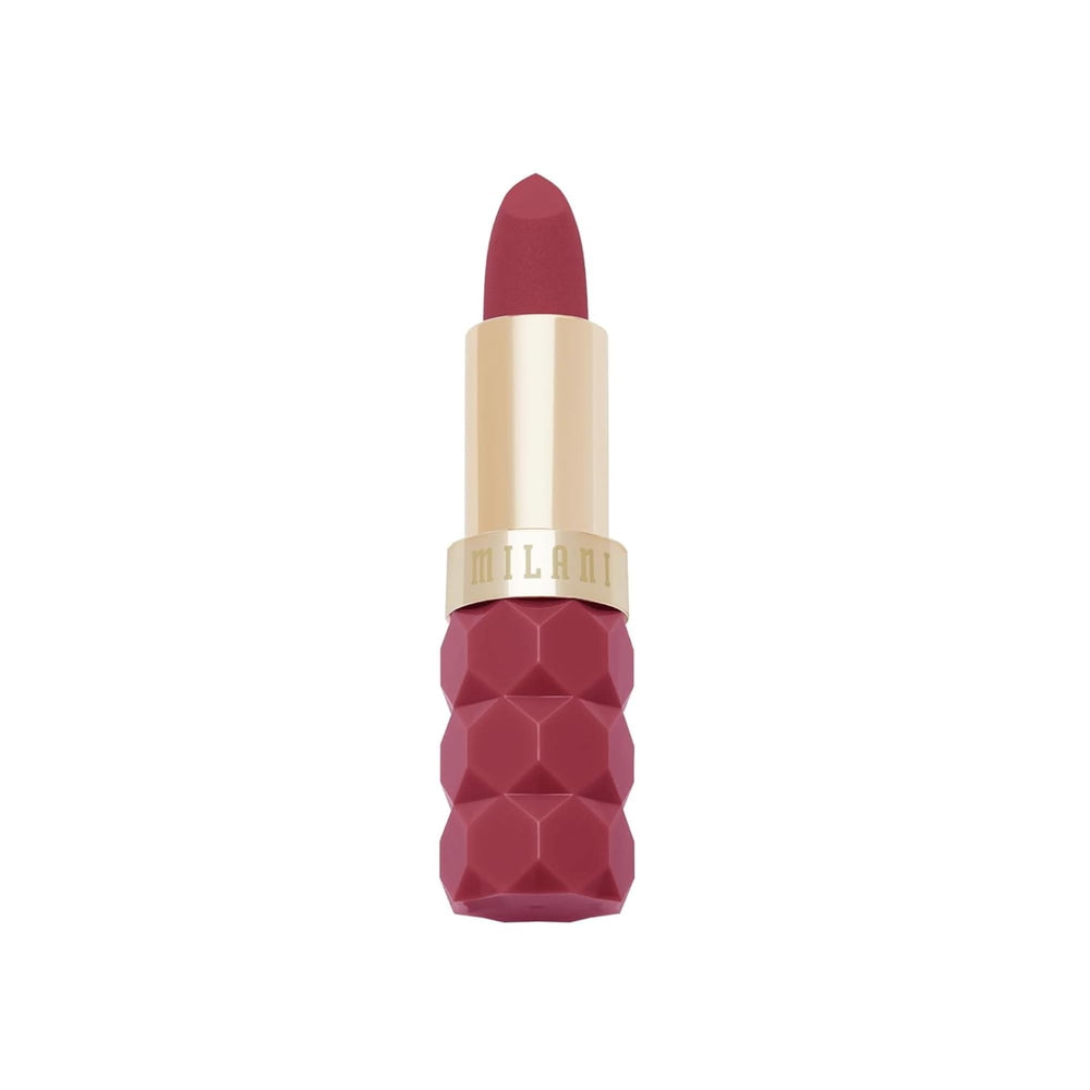Milani lipstick front packaging showing shade name and finish, clear product detail benefit