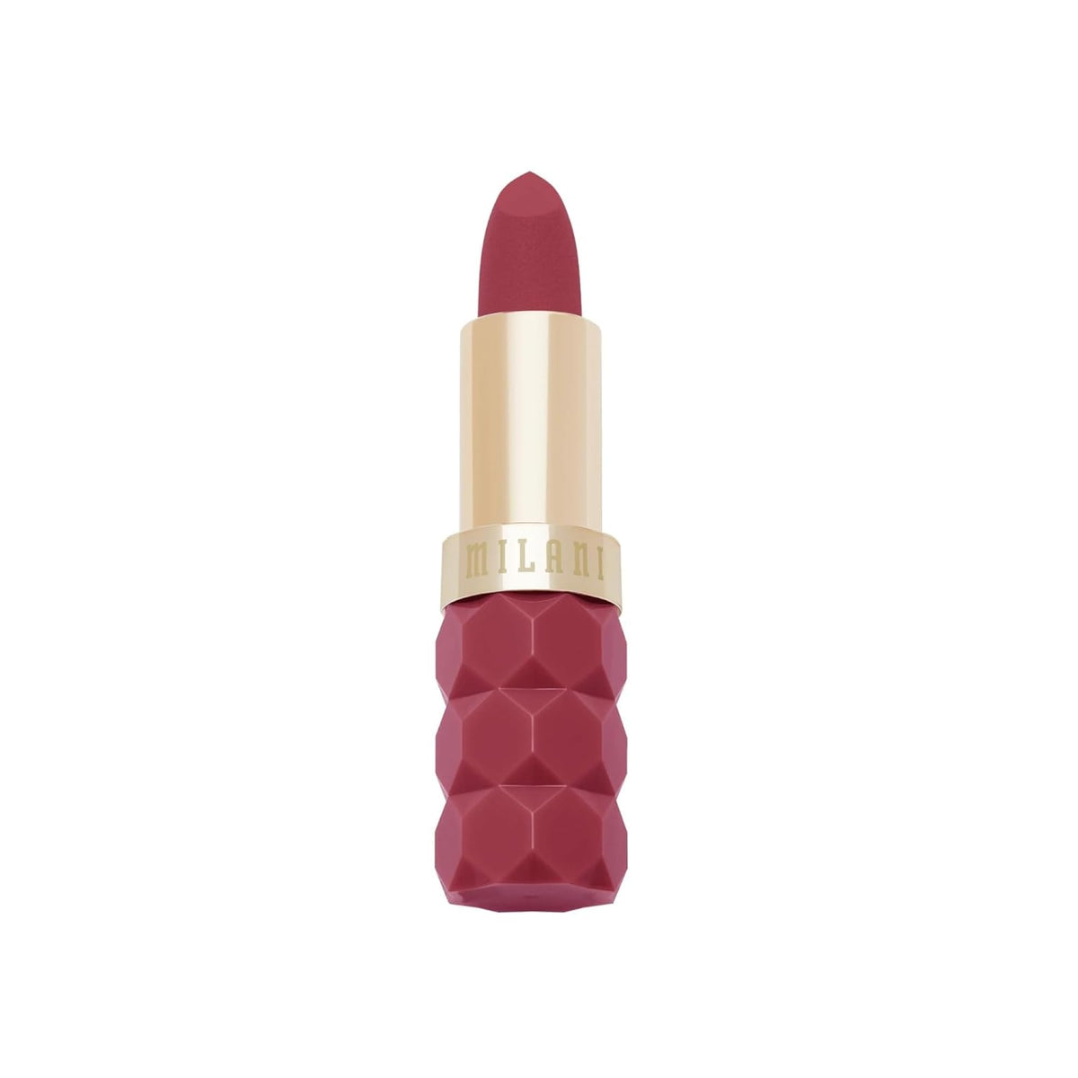 Milani lipstick front packaging showing shade name and finish, clear product detail benefit