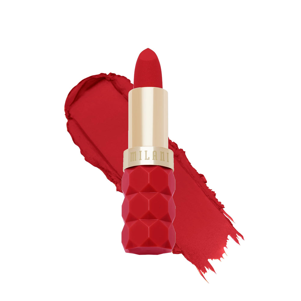 Milani texture swipe of lipstick, shows velvety finish and rich pigment