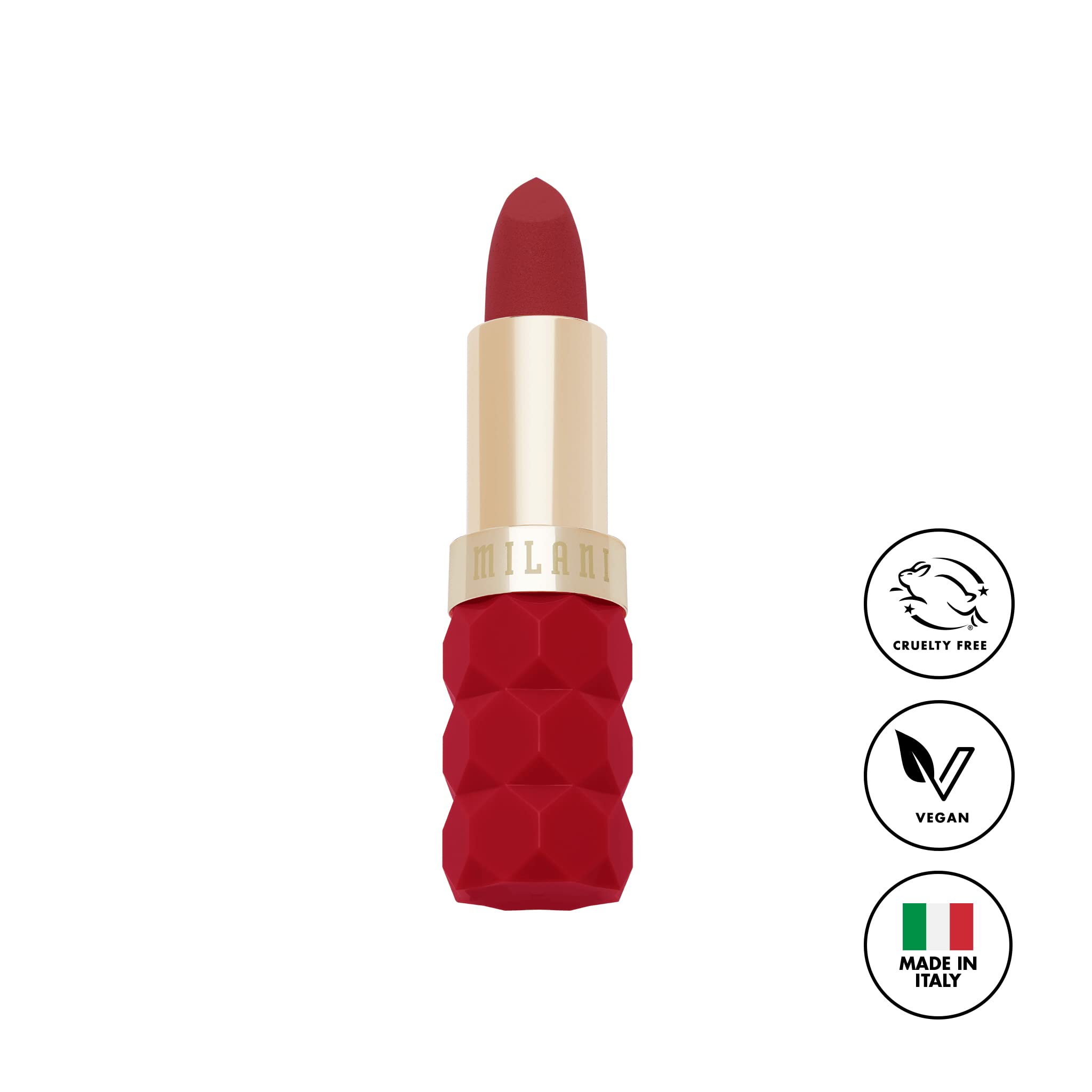 Milani Color Fetish cap off revealing lipstick bullet, easy application benefit
