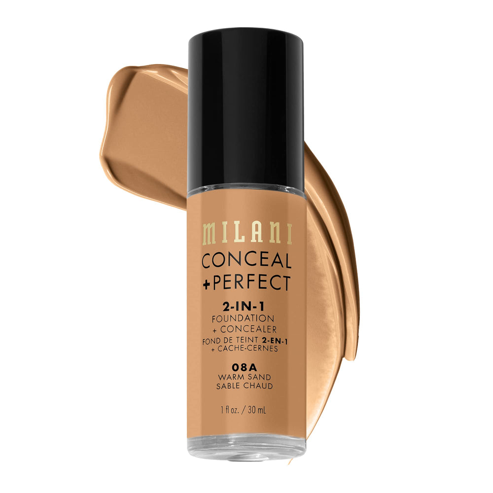Milani bottle front view showing label and shade 08A Warm Sand for quick identification and confidence
