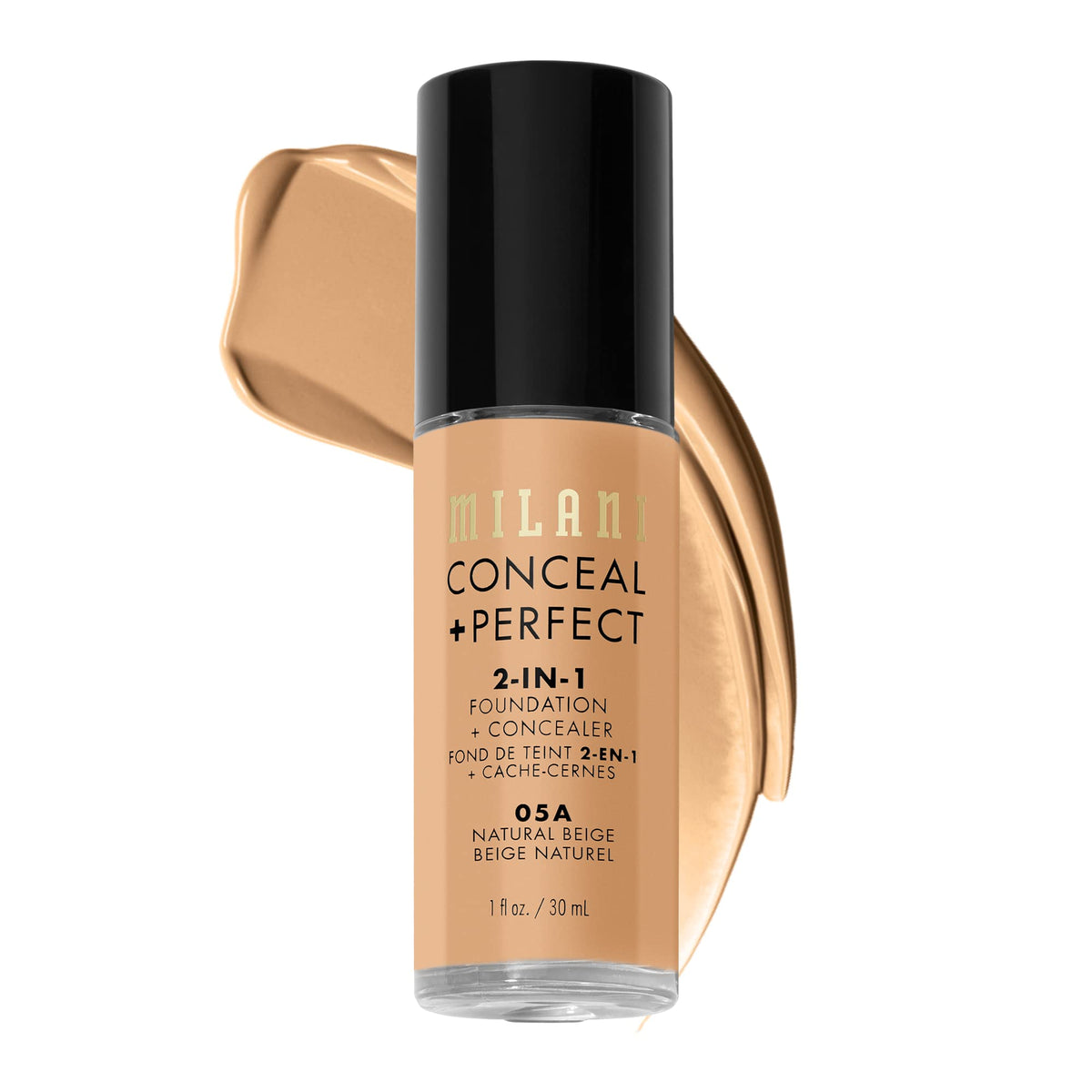 Milani bottle front view showing label and shade 05A Natural Beige for easy identification