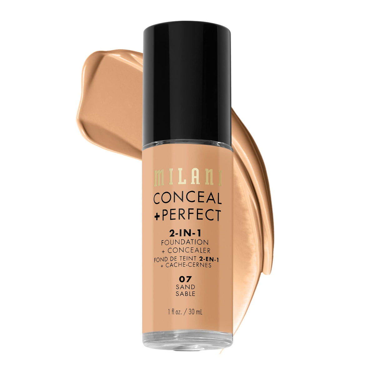 Milani bottle front view showing elegant pump and shade labeling for easy selection