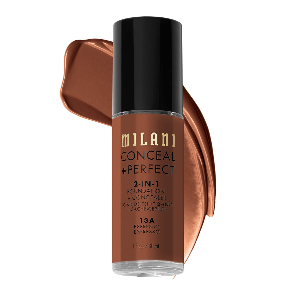 Milani front packaging showing shade 13A Espresso and coverage benefits