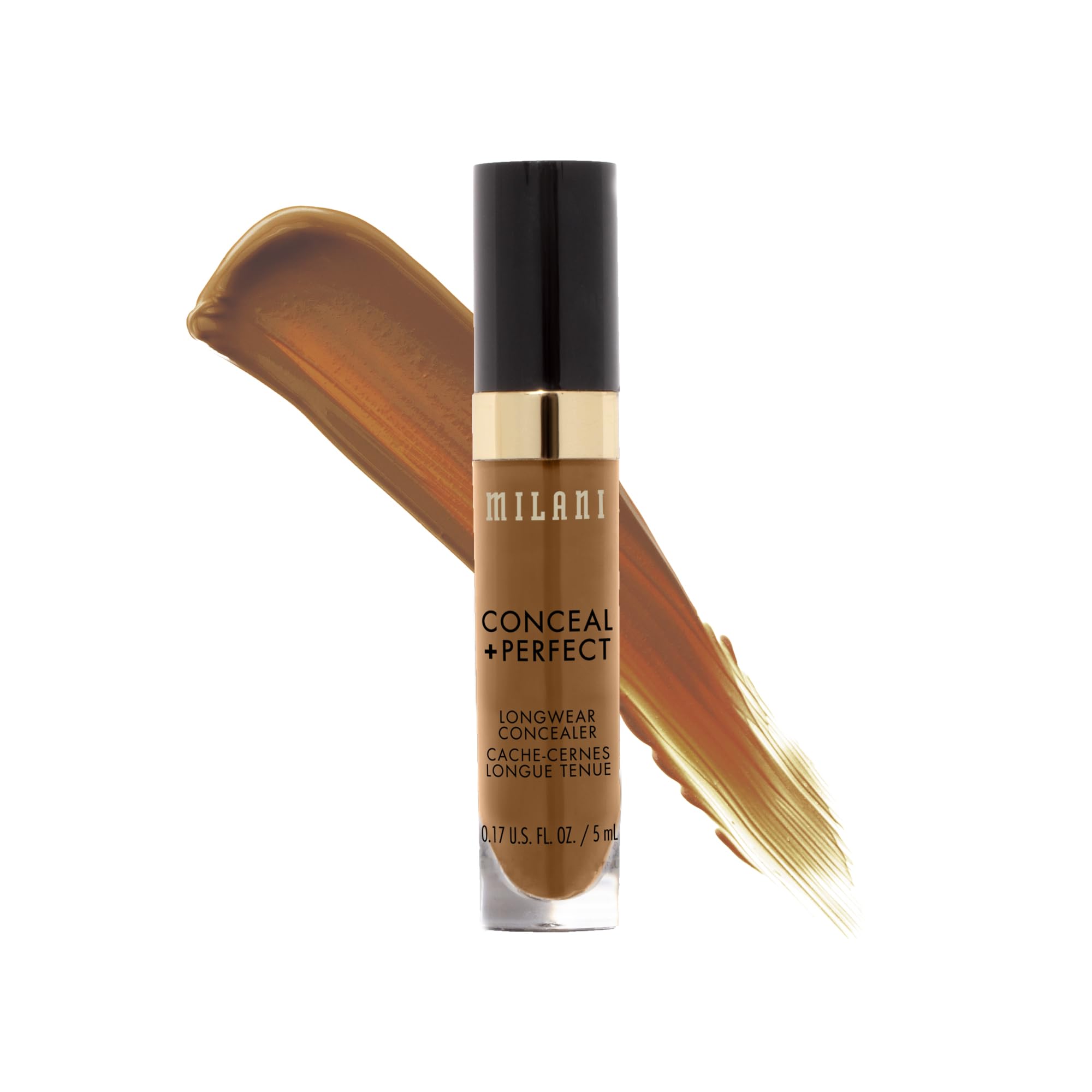 Milani concealer tube front view showing Warm Almond shade and travel size benefit