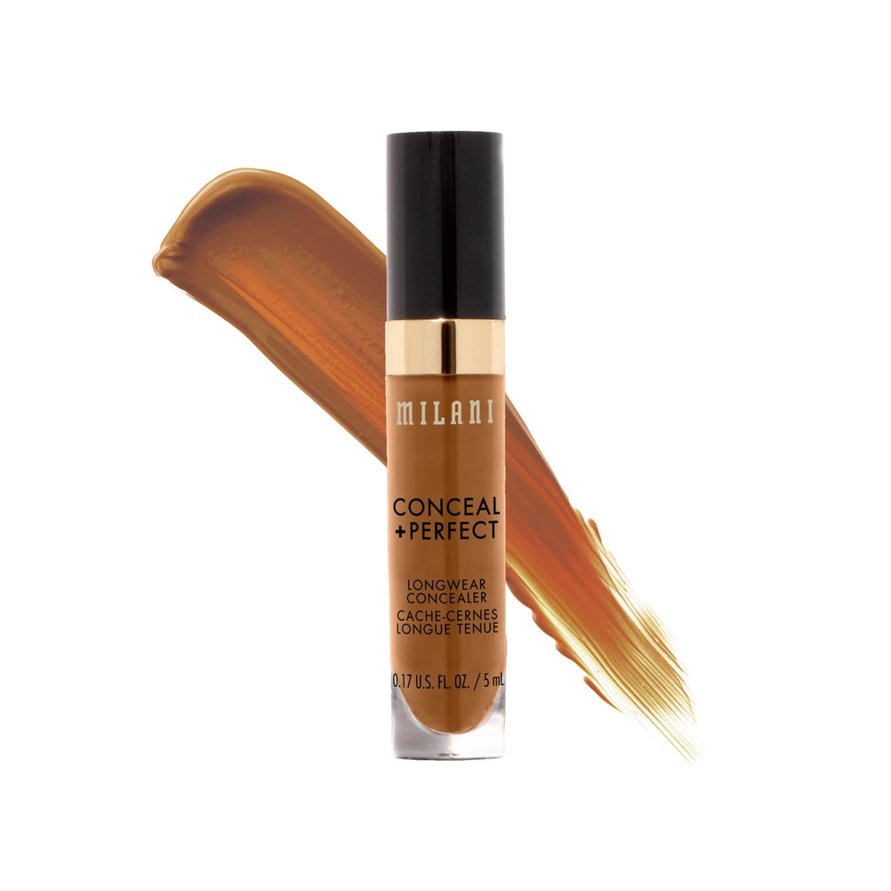 Milani concealer tube front view showing Warm Almond shade and travel size benefit