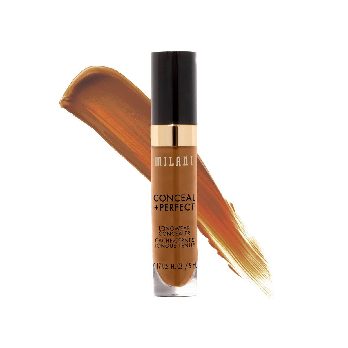 Milani concealer tube front view showing Warm Almond shade and travel size benefit