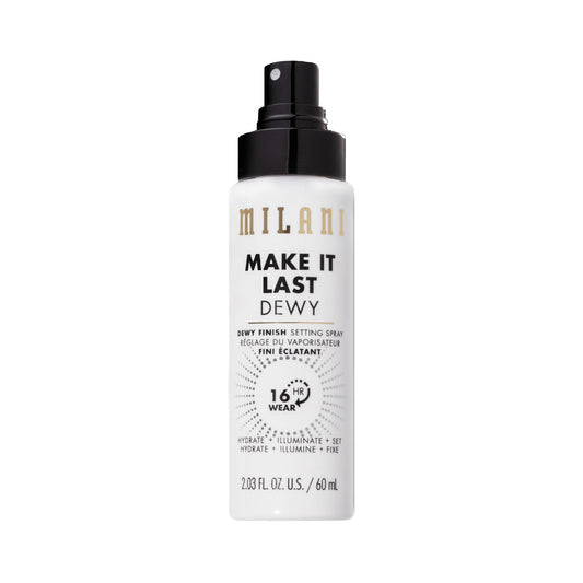 Milani dewy setting spray front packaging showing bottle and label boost radiance
