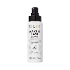 Milani dewy setting spray front packaging showing bottle and label boost radiance