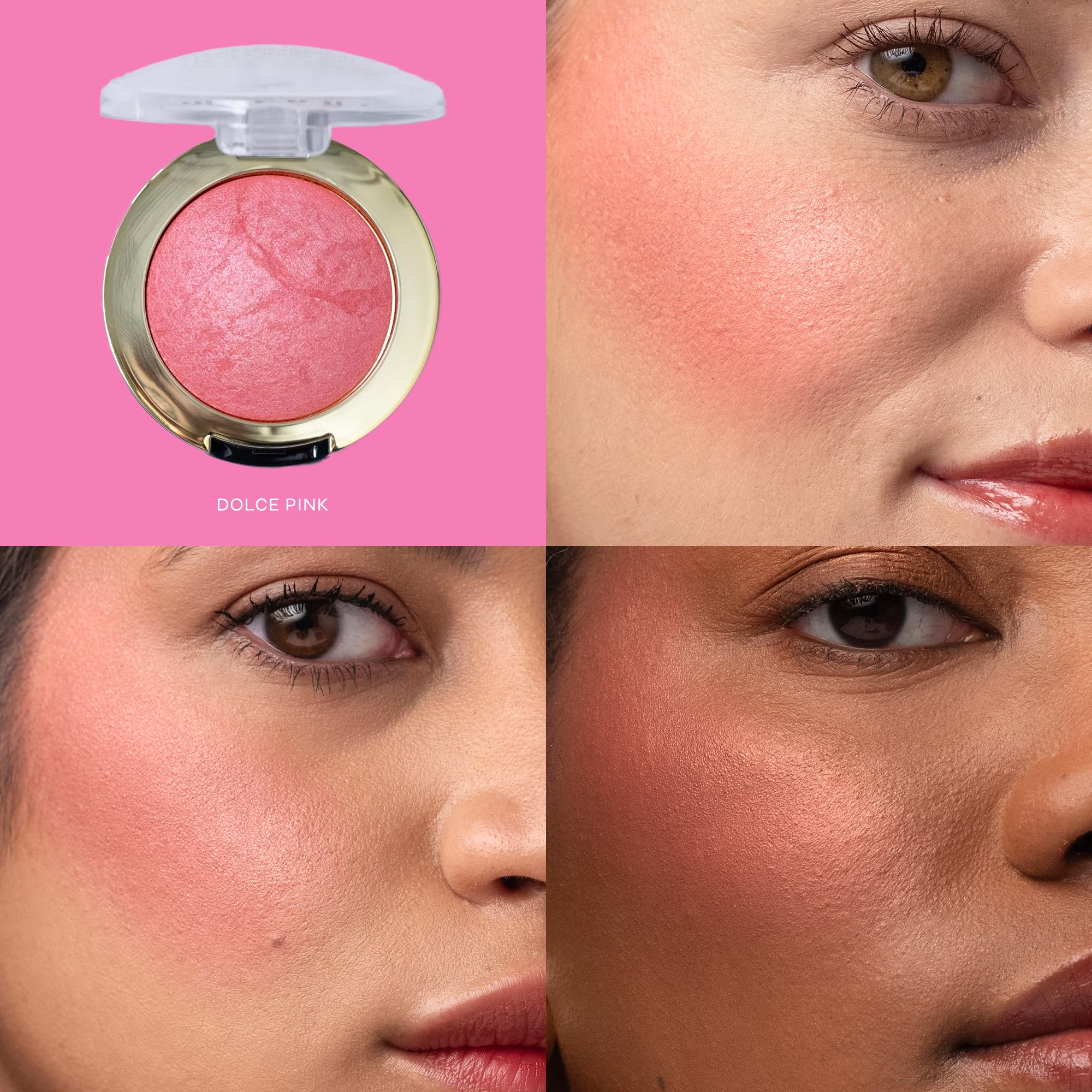 Milani Dolce Pink open compact displaying rosy shade and visible pigment payoff benefit