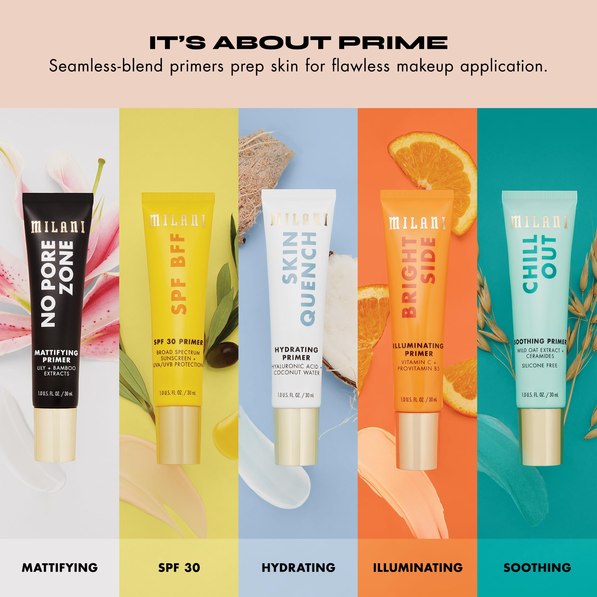 Milani Erase Base label showing SPF30 and active ingredient information