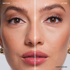 Milani mascara applied to lashes showing lifted, lengthened effect and definition
