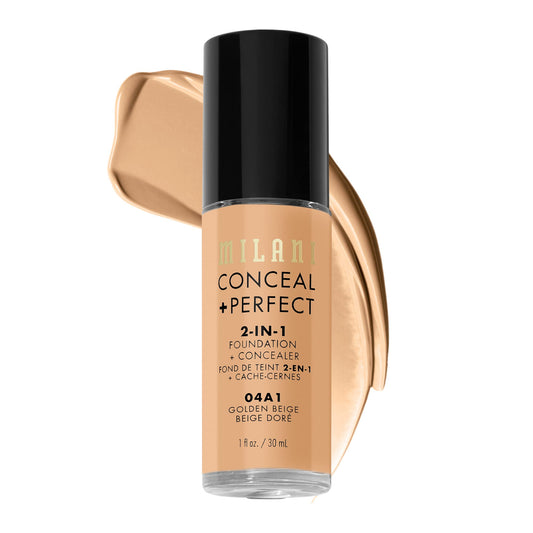 Milani bottle front view showing shade 04A1 Golden Beige for natural coverage