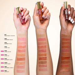Milani Fruit Fetish on lips closeup showing sheer tint and luminous shine benefit
