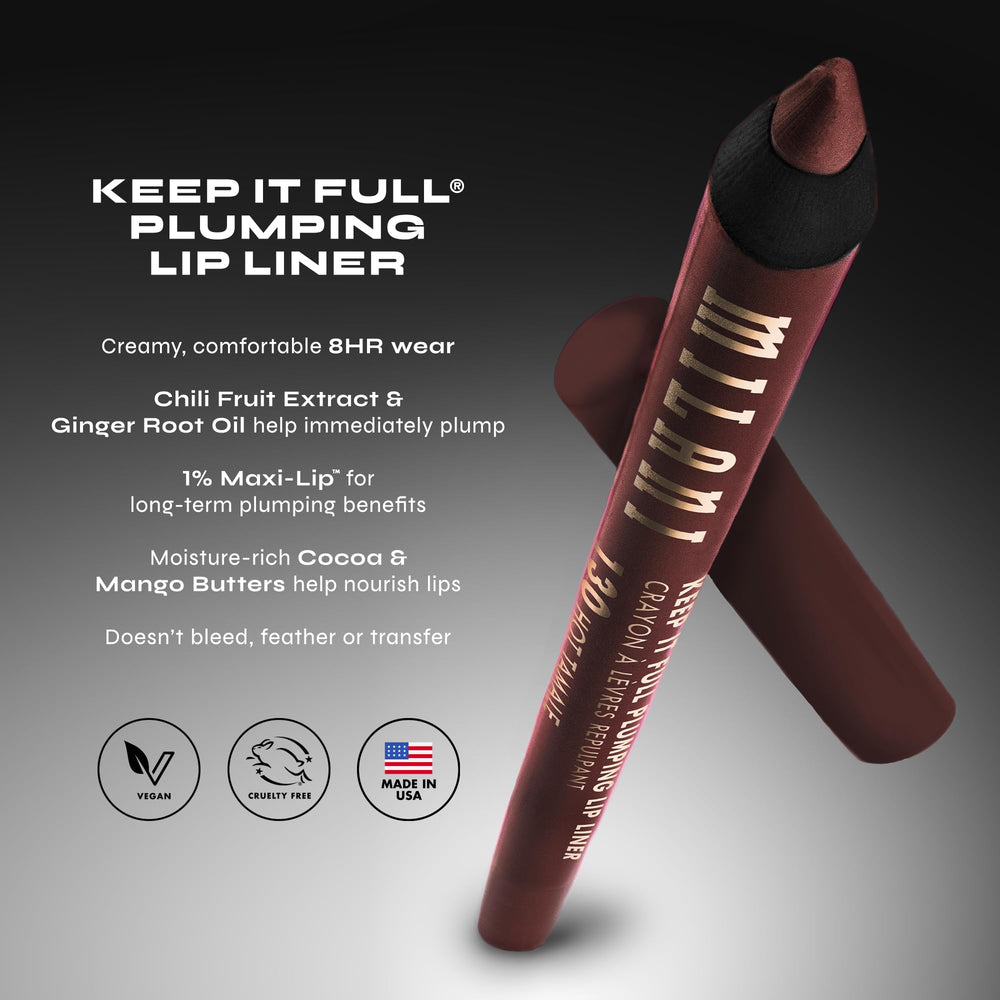 Milani label close-up listing vegan, cruelty-free, Maxi-Lip and ingredient highlights
