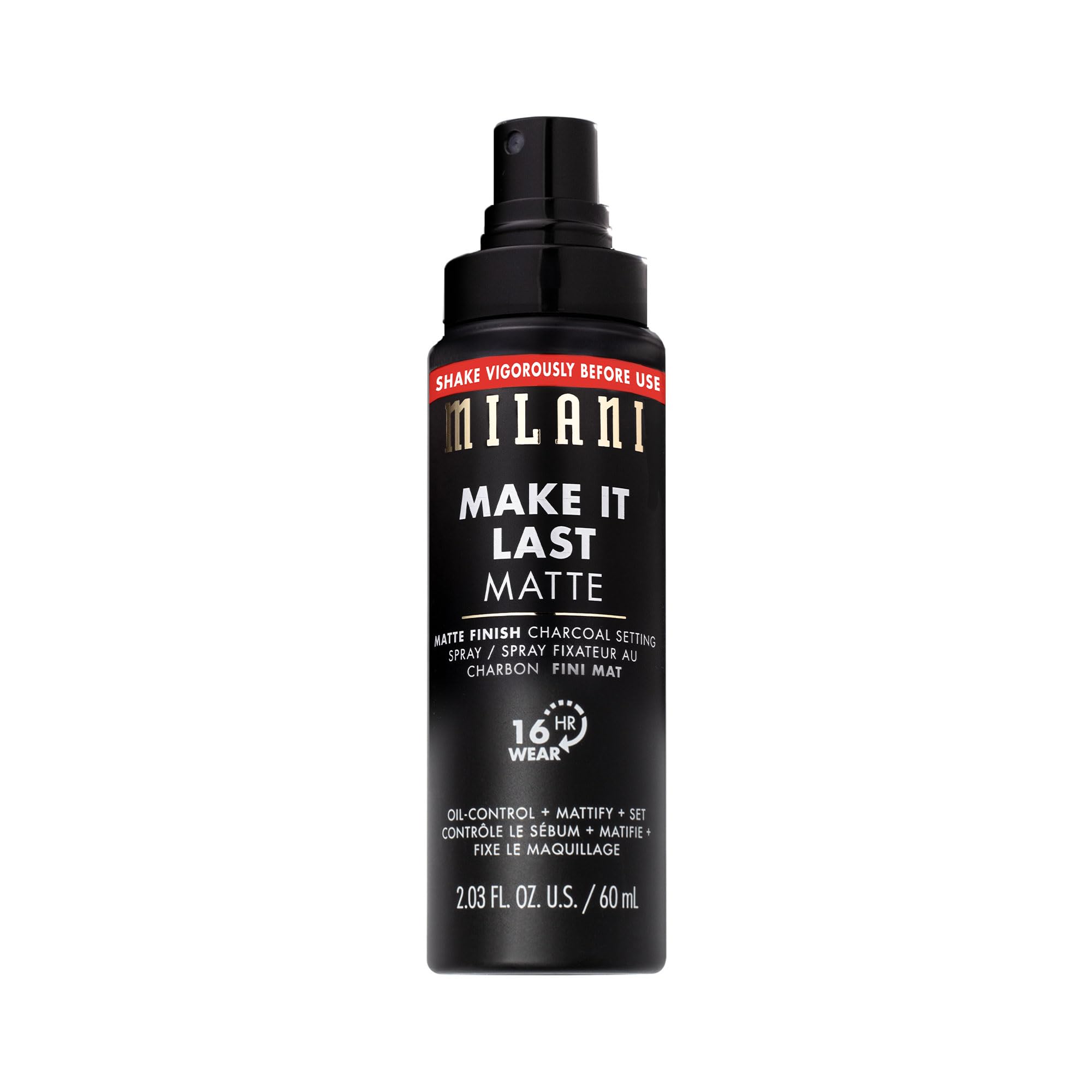 Milani bottle front view showing product branding and matte finish benefit