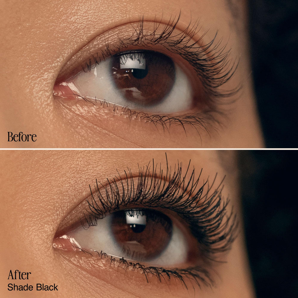 Model applying Milani mascara to lashes, illustrating lift and dramatic volume benefit