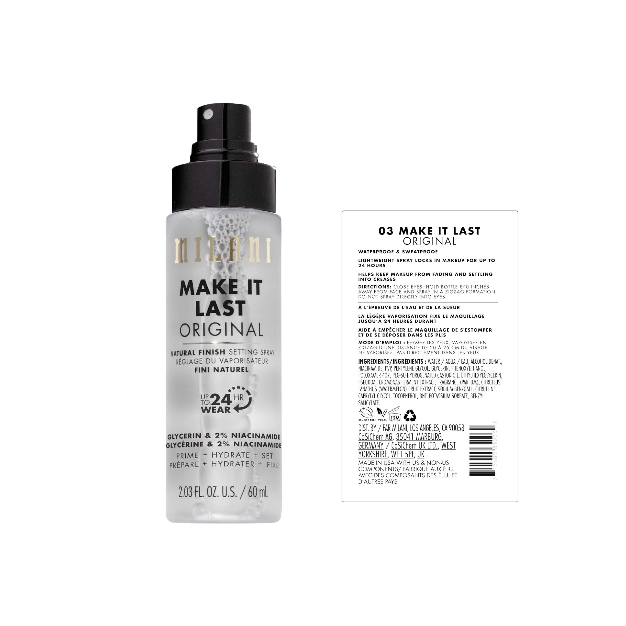 Milani nozzle close-up highlighting fine mist spray for even makeup finish