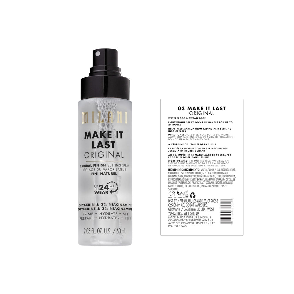 Milani nozzle close-up highlighting fine mist spray for even makeup finish