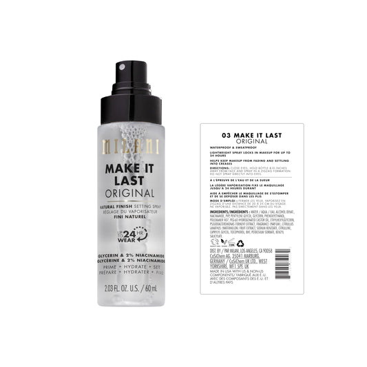 Milani nozzle close-up highlighting fine mist spray for even makeup finish