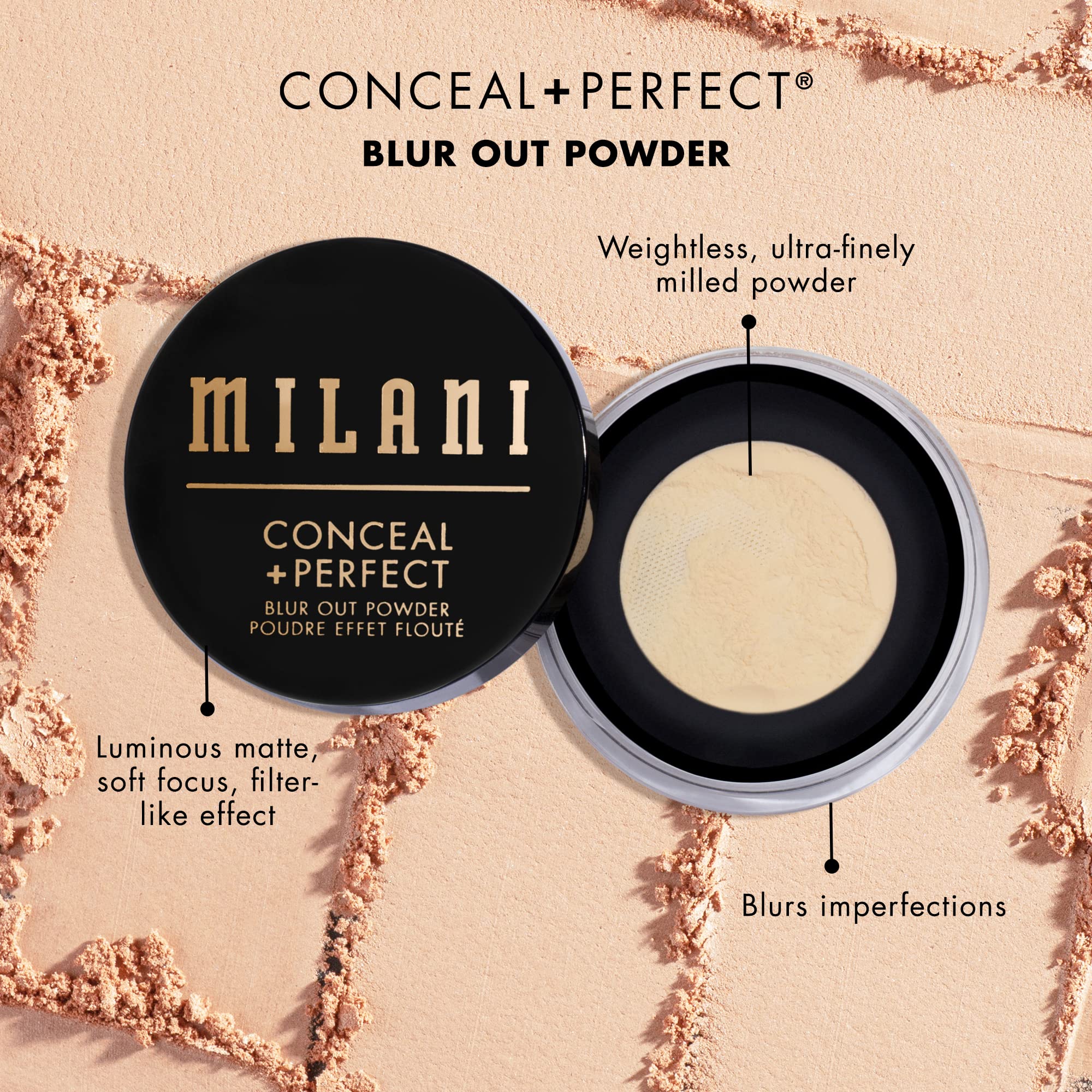 Milani translucent powder swatched on skin, displays subtle blur and color-safe result