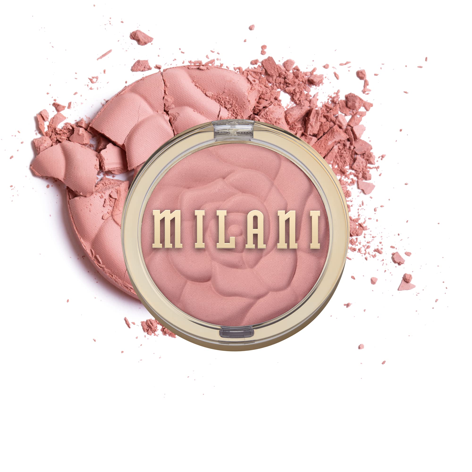 Milani Romantic Rose compact front showing pressed-petal design and convenience