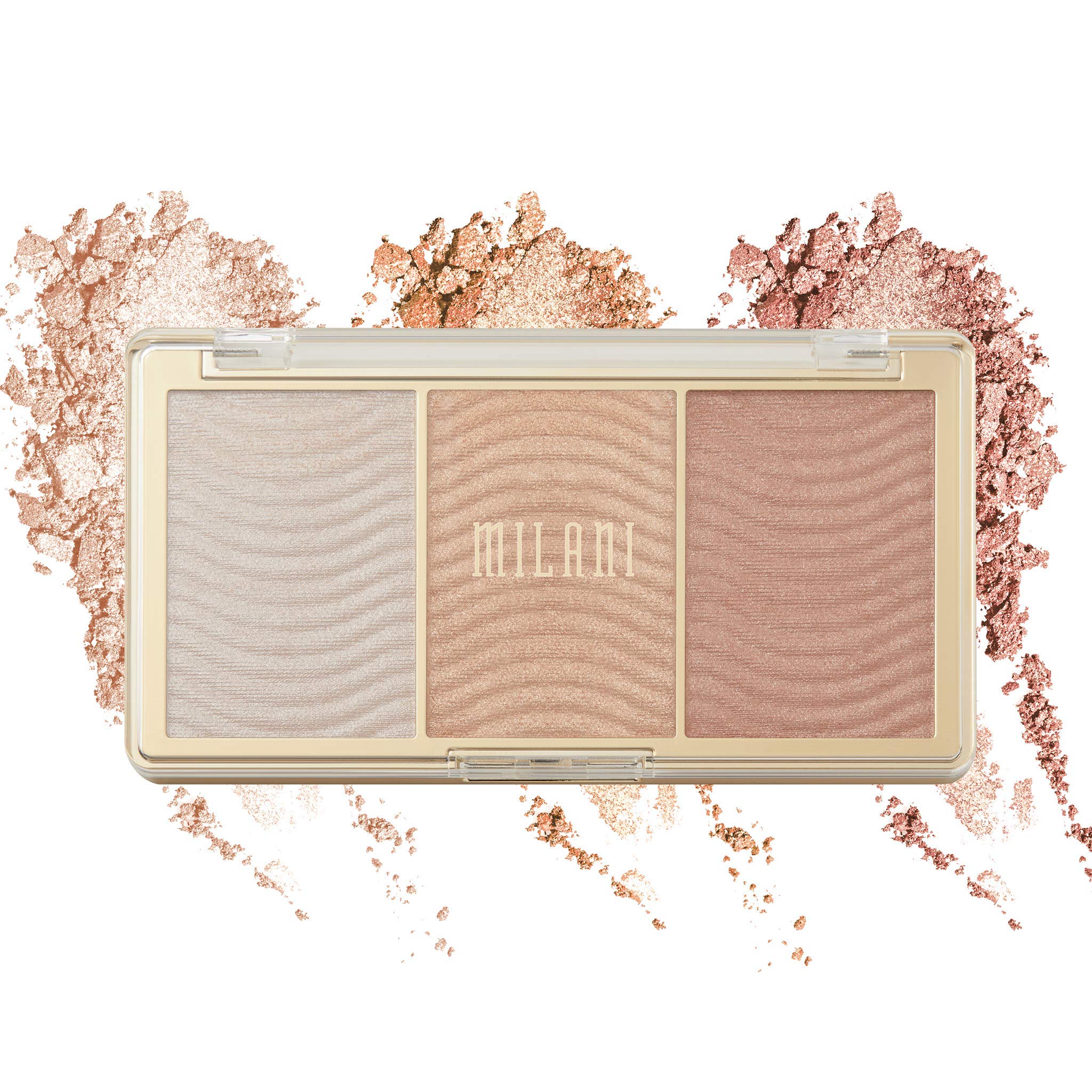 Milani palette front view showing three Rose Glow powders and compact finish for easy travel