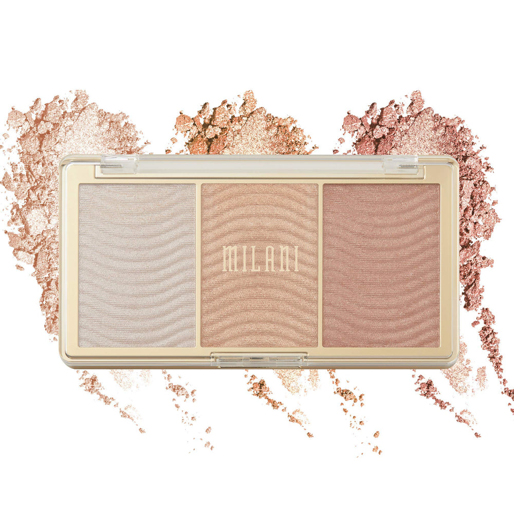 Milani palette front view showing three Rose Glow powders and compact finish for easy travel