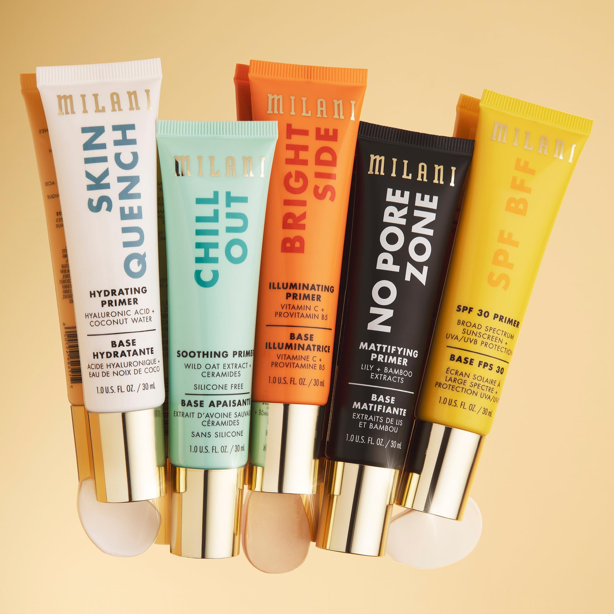 Milani Skin Quench inside a makeup bag on vanity, brand offers travel-friendly routine benefit